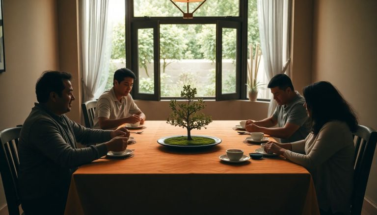 Ilustração de mesa de jantar com família construindo um quebra-cabeça financeiro ao redor de uma árvore em miniatura, simbolizando crescimento e prosperidade em família