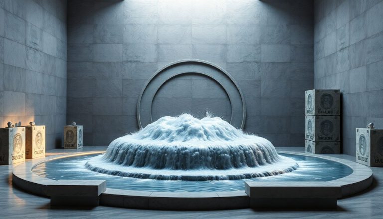 Ilustração 3D de um relógio de areia financeiro com pilhas de moedas douradas e blocos de crescimento, iluminado por luz dourada, em fundo abstrato de madeira e aço.
