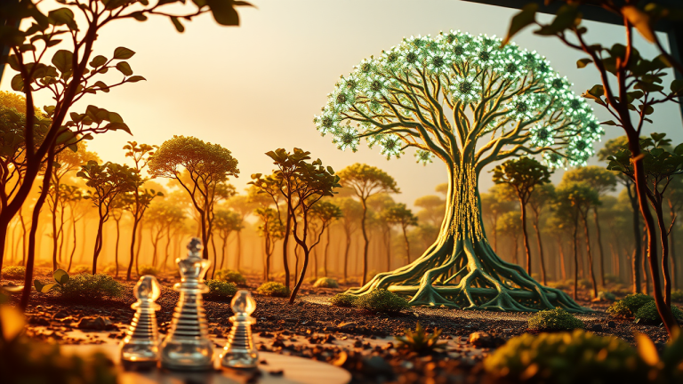 Ilustração futurista de uma árvore digital de circuitos e painéis solares, simbolizando a harmonia entre tecnologia e natureza, com raízes de práticas sustentáveis e uma árvore central de blockchain