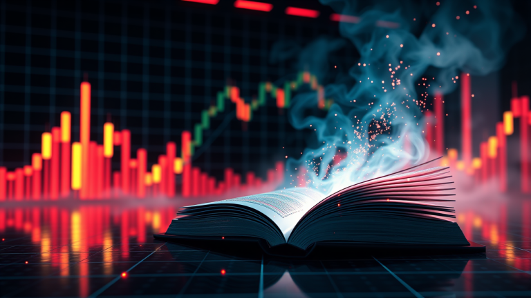 Ilustração futurista de uma árvore financeira com velas em crescimento, mostrando ordens de compra e venda em um grid digital, com nuvens de tempestade e neblina representando a agressão e a exaustão no mercado.