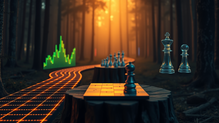 Ilustração 3D futurista de dois caminhos divergentes em uma floresta financeira, representando estratégias de investimento de Dollar Cost Averaging e Value Averaging.