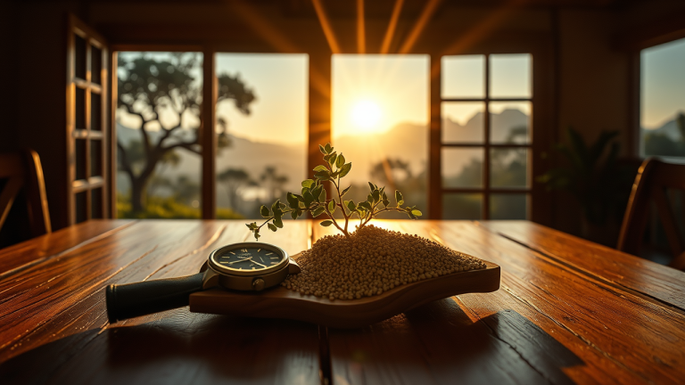 A regra de retirada de 4%: ela ainda funciona para a aposentadoria atual? Ilustração surrealista de um relógio de areia dourado sobre uma mesa antiga ao lado de um cofre com uma planta brotando, simbolizando crescimento e segurança financeira.