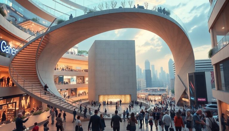 Shoppings Centers no pós-pandemia: métricas essenciais para analisar FIIs do setor Ilustração futurista de um shopping center com escada rolante em espiral, mostrando a adaptação e renovação no setor de FIIs