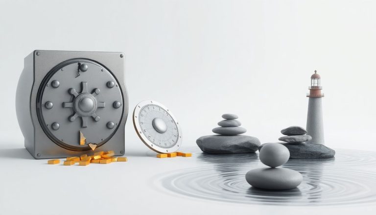 Fundos de crédito privado High Yield: calculando o risco de calote (default) da carteira Ilustração 3D futurista de um cofre de segurança com dano, contendo barras de ouro, em referência aos riscos e incertezas dos investimentos em fundos de crédito privado