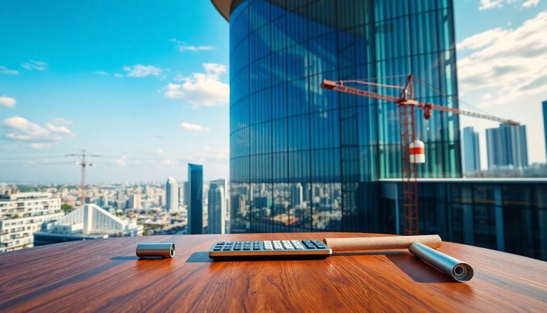Consórcio imobiliário como investimento alavancado: mito ou realidade matemática? Estrutura moderna com fachada de vidro refletindo a estabilidade financeira, rodeada de elementos de construção que simbolizam a base sólida de um investimento imobiliário