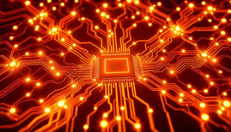 O impacto das sanções comerciais na cadeia de suprimentos de semicondutores Rede de fios eletrônicos complexa com pontos de interconexão em cores neon, ilustrando a cadeia de suprimentos de semicondutores sob a ameaça de sanções comerciais.