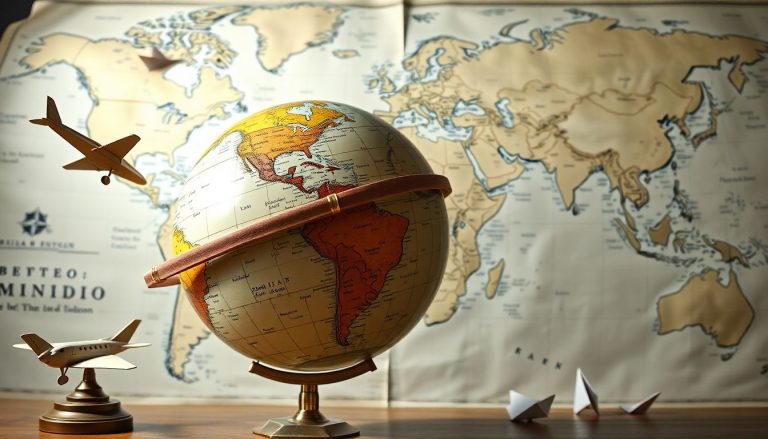 Ilustração de um globe vintage com origami de notas estrangeiras e uma estatueta de um avião ao redor, simbolizando o investimento internacional