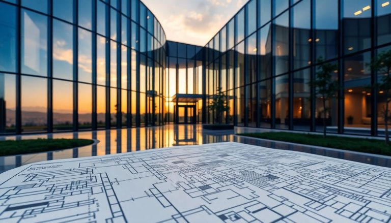 REITs de saúde (Healthcare REITs): a tese de investimento baseada no envelhecimento americano Ilustração 3D de um edifício de saúde moderno com fachada de vidro grande refletindo paisagem serena, simbolizando a conexão entre saúde e bem-estar comunitário.