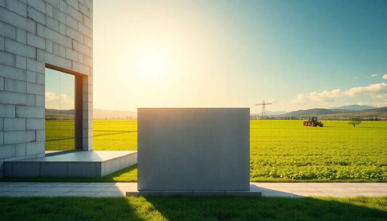 Ilustração 3D de uma estrutura de concreto e vidro refletindo a solidez dos Certificados de Recebíveis Imobiliários e Agronegócio