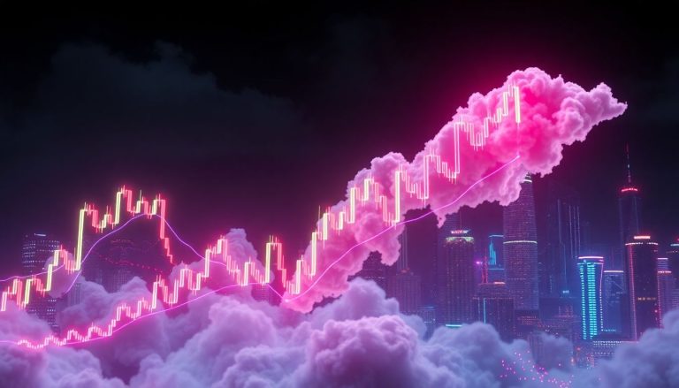 Ilustração 3D futurista de uma nuvem de neon flutuindo sobre um gráfico de candlesticks com linhas do Ichimoku Cloud e uma seta luminosa apontando para cima