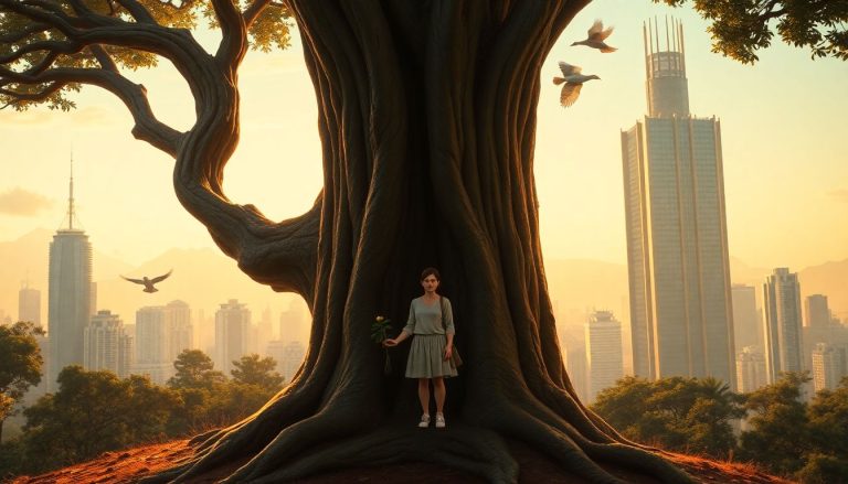Ilustração surrealista de uma figura humana entre duas árvores, com uma pequena planta e um cenário de cidade ao fundo, representando responsabilidade financeira e crescimento.