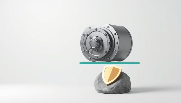 Operações a Termo na Bolsa: como alavancar retornos pagando juros prefixados Ilustração 3D minimalista de um mecanismo de cofre de aço pesado equilibrado na beira de um penhasco de vidro, com barras de ouro e um escudo sobre uma pedra abaixo, simbolizando a proteção e o peso da alavancagem com taxa fixa.