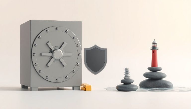 Ilustração 3D minimalista de um cofre de aço pesado com barras de ouro, um escudo sobre pedra, pedras zen equilibradas na água e um farol em uma tempestade, simbolizando segurança e estabilidade financeira.