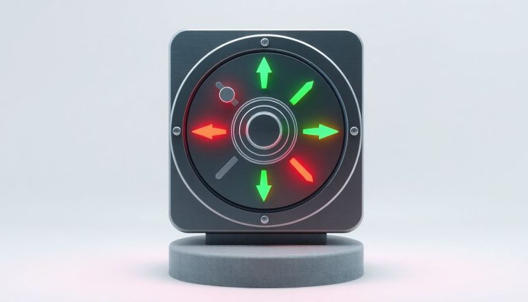 Stop loss e stop gain: como posicionar ordens de proteção nas operações Ilustração 3D minimalista de um cofre de aço pesado sobre um pedestal de pedra, com setas brilhantes em vermelho e verde integradas à superfície metálica, simbolizando a precisão na colocação de ordens de proteção (stop loss e stop gain) em um ambiente sereno e controlado.