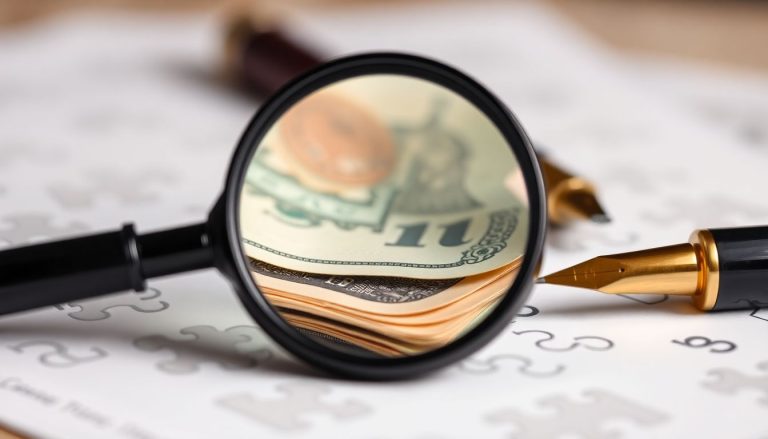 Lente de aumento focalizada em textura detalhada revelando a distinção sutil entre duas camadas de moeda, com caneta-tinteiro e papel ao fundo e peças de quebra-cabeça conectando-se para formar um conceito financeiro claro, em fotografia de produto macro com efeito bokeh.