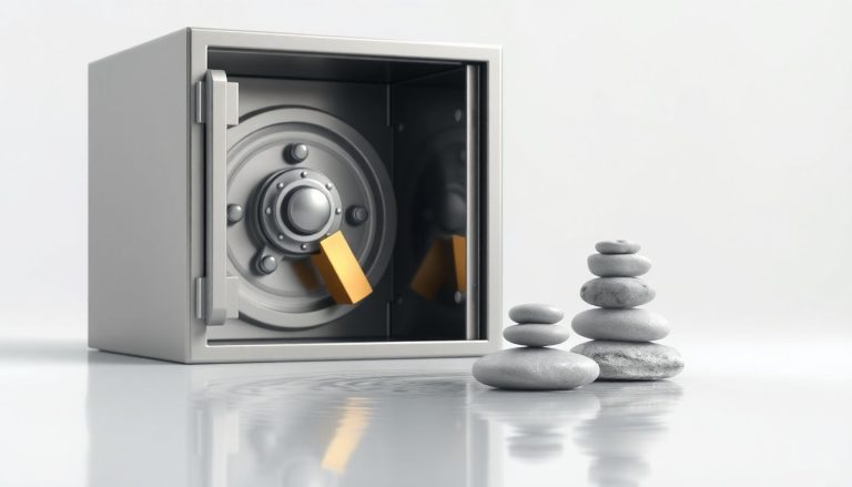 Ilustração 3D minimalista de um cofre de aço pesado com barras de ouro dourado na porta aberta, ao lado de pedras zen equilibradas flutuando sobre água parada, simbolizando proteção e tranquilidade financeira.