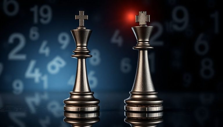 CDI vs. Selic: por que as duas taxas andam juntas, mas não são iguais Duas peças de xadrez metálicas polidas lado a lado sobre uma superfície de vidro refletiva, iluminadas por um feixe de luz focado, cercadas por números e símbolos abstratos flutuantes em bokeh, representando a relação entre as taxas CDI e Selic.