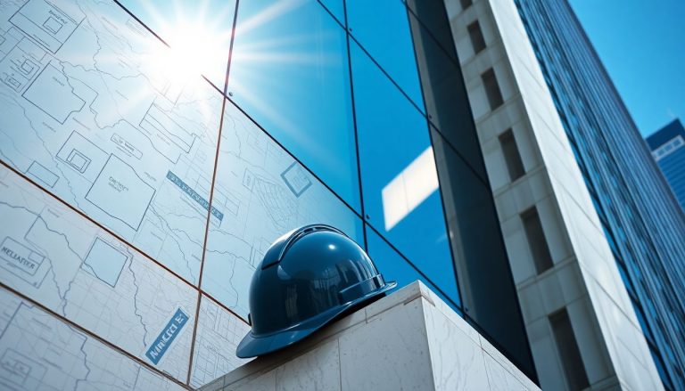 Fotografia arquitetônica em close-up de uma fachada de vidro moderno refletindo o céu azul, com plantas técnicas translúcidas sobrepostas à textura de concreto, um capacete de segurança sobre uma borda de pedra polida e luz solar incidindo sobre a aresta de um edifício corporativo.