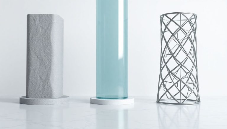 Ilustração 3D minimalista de três pilares arquitetônicos distintos sobre um piso de mármore: um pilar de concreto texturizado representando ações ON, um pilar de vidro polido simbolizando ações PN e uma estrutura de malha de aço interligada representando Units, com sombras dramáticas que se fundem na base.