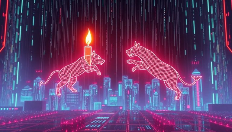 Tipos de ordem na bolsa: limitada, a mercado e stop explicadas Ilustração 3D em estilo cyberpunk mostrando velas de gráfico financeiro brilhantes emergindo de uma grade digital, enquanto formas wireframe de touro e urso lutam sob chuva de código Matrix e interface HUD futurista.