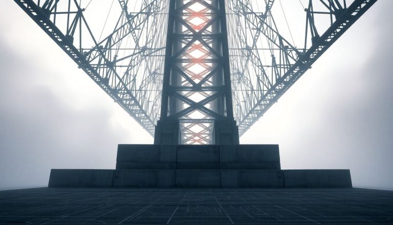 Estrutura de ponte de aço abstrata e imponente emergindo da névoa densa, com treliças e cabos brilhando em luz quente, cercada por blocos de concreto e linhas de planta baixa no chão, simbolizando a solidez e a natureza ilíquida dos investimentos em infraestrutura.