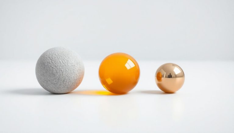 Regra 50-30-20: como dividir a renda entre necessidades, desejos e investimentos Três esferas equilibradas sobre uma superfície branca: a maior de concreto texturizado representando necessidades, a média de vidro âmbar para desejos e a menor de metal dourado para investimentos, ilustrando a divisão da renda na regra 50-30-20.