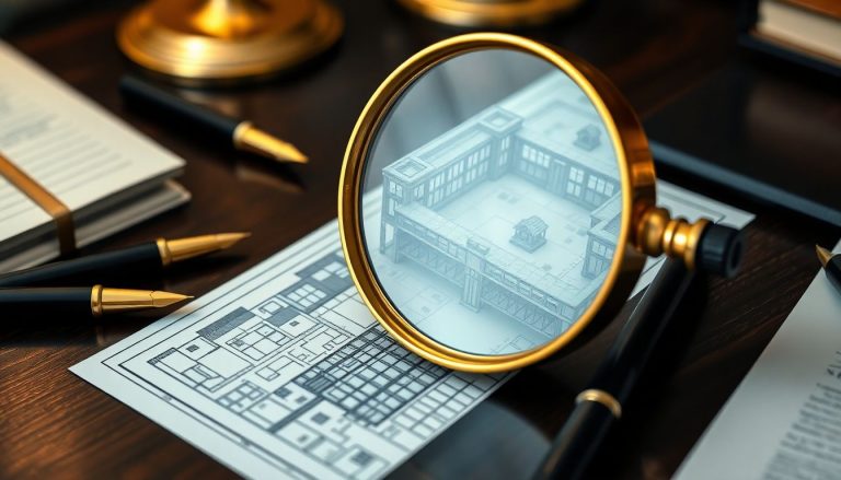 Lupa dourada focando em uma planta arquitetônica translúcida, revelando camadas estruturais ocultas sobre uma mesa de madeira escura, ilustrando a análise detalhada do Enterprise Value.