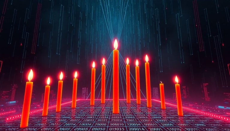 Ilustração cyberpunk em 3D de velas de candlestick brilhantes emergindo de uma grade digital, interceptadas por linhas geométricas de extensão de Fibonacci que projetam alvos para cima, quebrando um pico histórico, com código de matriz caindo e interface HUD futurista.