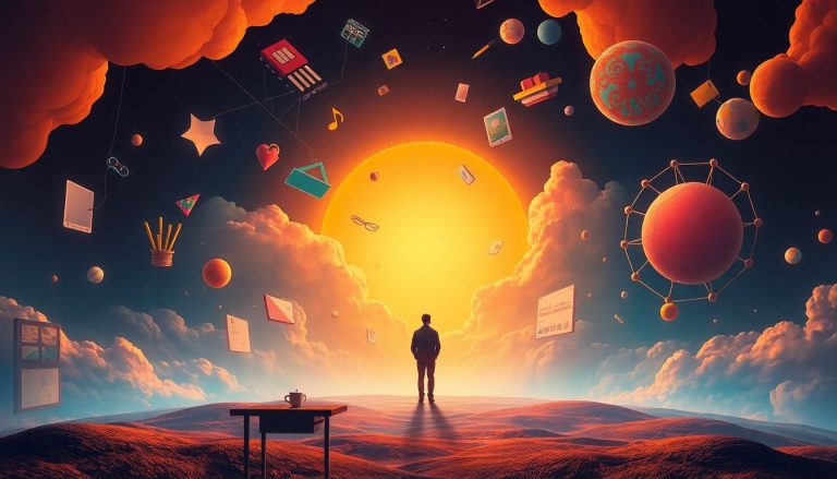 Ilustração surrealista de um espaço de trabalho flutuante com ferramentas de profissões liberais, conexões digitais abstratas e uma figura solitária contemplando um vasto cenário de oportunidades sob luz dourada, simbolizando o planejamento da independência financeira no futuro do trabalho autônomo.