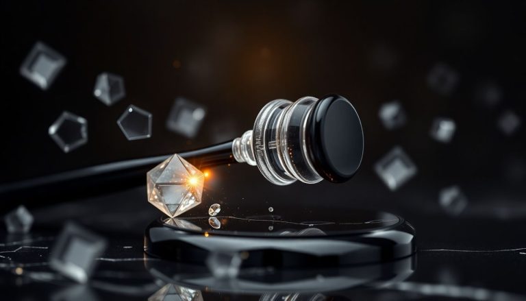 Martelo de juiz de vidro cristalino batendo em superfície de obsidiana polida, cercado por formas geométricas translúcidas flutuantes representando dados, com um brilho dourado sutil emanando do ponto de impacto, simbolizando a revelação do valor oculto na análise de margem bruta.