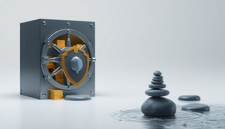 Ilustração 3D minimalista exibindo mecanismo de cofre de aço, barras de ouro, escudo sobre pedra, pedras zen equilibradas na água e farol em tempestade, representando segurança e resiliência financeira.