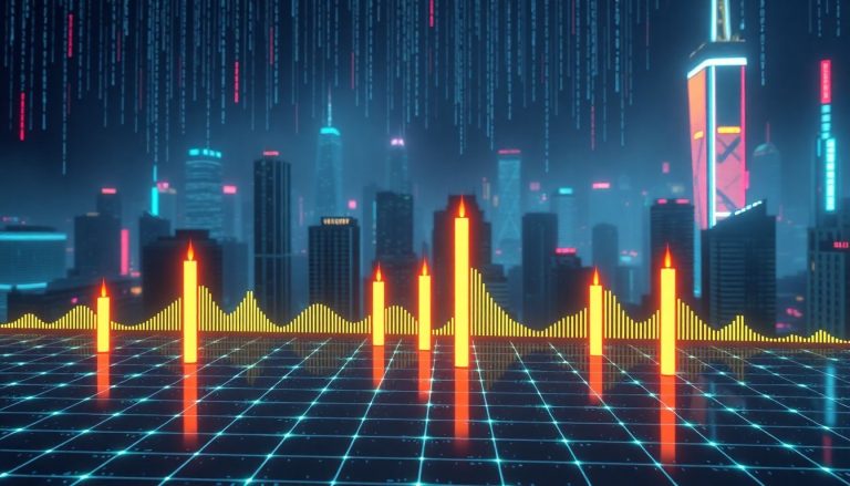 Oscilador Estocástico: como identificar sobrecompra e sobrevenda Ilustração 3D futurista de velas do mercado financeiro brilhantes emergindo de uma grade digital, sobrepostas a uma interface de HUD exibindo formas de onda oscilantes entre picos e vales extremos, representando zonas de sobrecompra e sobrevenda em uma paisagem urbana cyberpunk com código da Matrix caindo ao fundo.